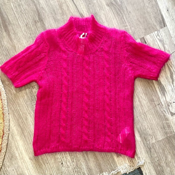 NWT Anthropologie Pink Fuzzy Mohair Blend Open Weave Knit Short Sleeve Sweater - Picture 11 of 13